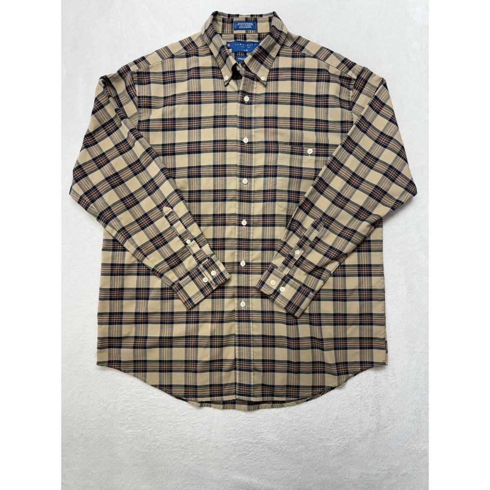 Towncraft Mens LARGE Plaid Button Down Shirt Tan Navy Wrinkle Free Long Sleeve